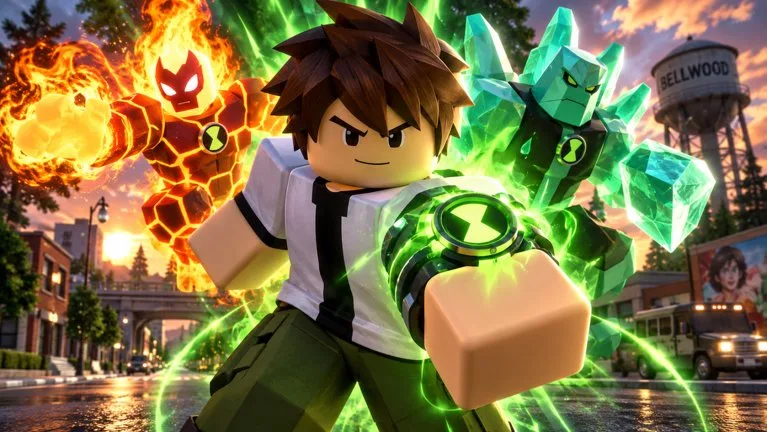 A Roblox hero raises a glowing green Omnitrix on a Bellwood street, with a fire alien and a crystal alien behind him.